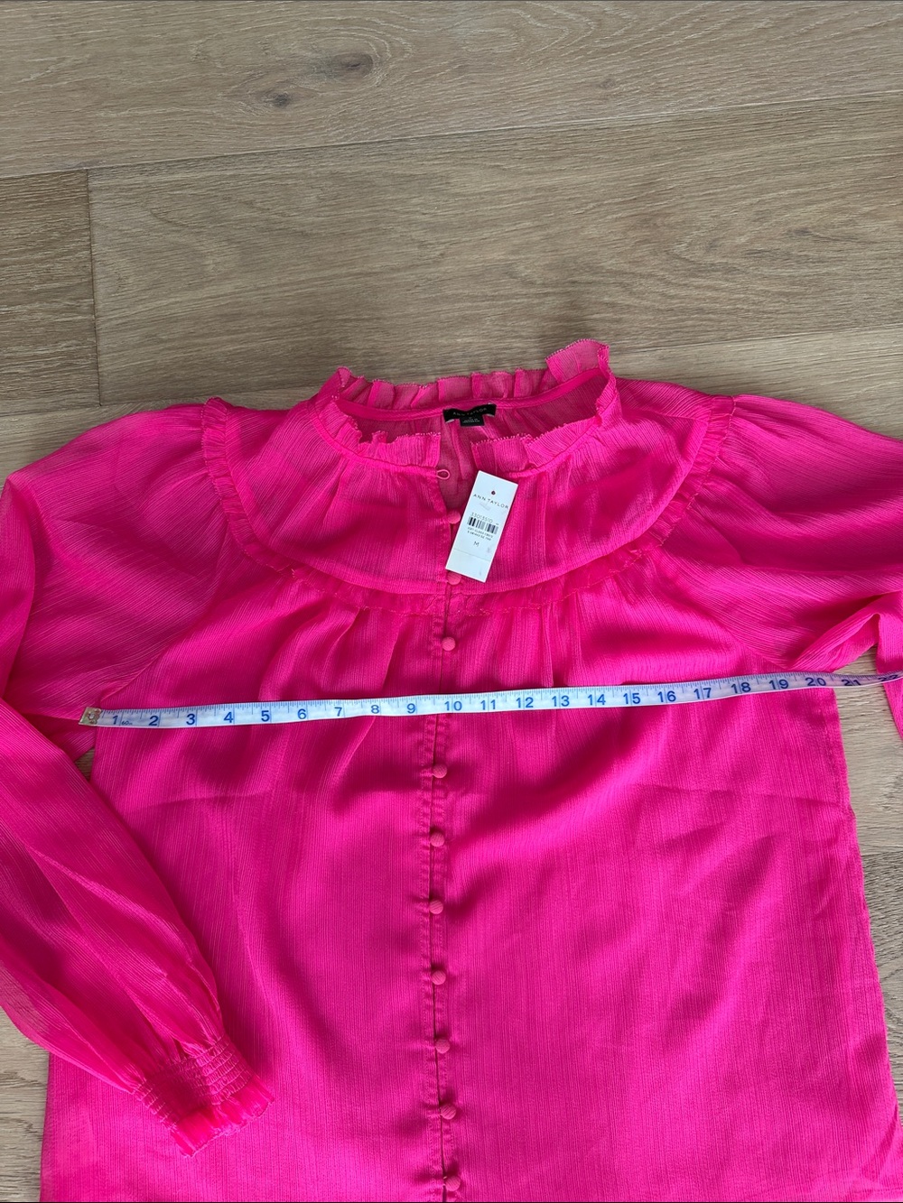 Ann Taylor Hot Pink Ruffle-Neck Button Front Blouse - Picture 3 of 4